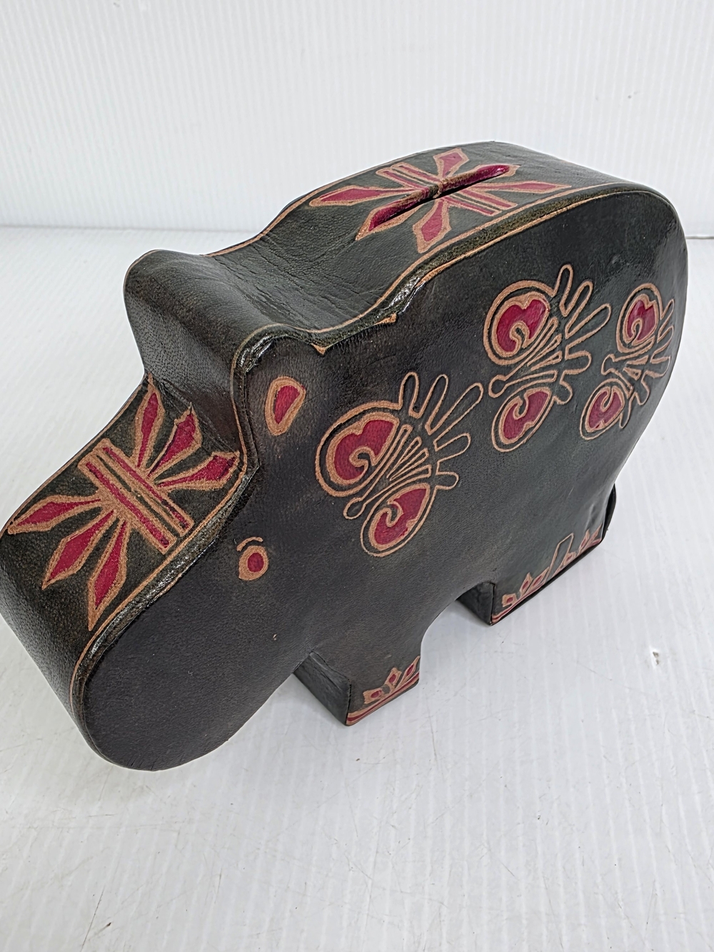 Leather Hippo Coin Bank Figurine with Red Accent Motifs